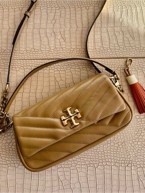 Tory Burch Kira Shoulder Quilted Camel Leather Crossbody Bag with Gold Logo